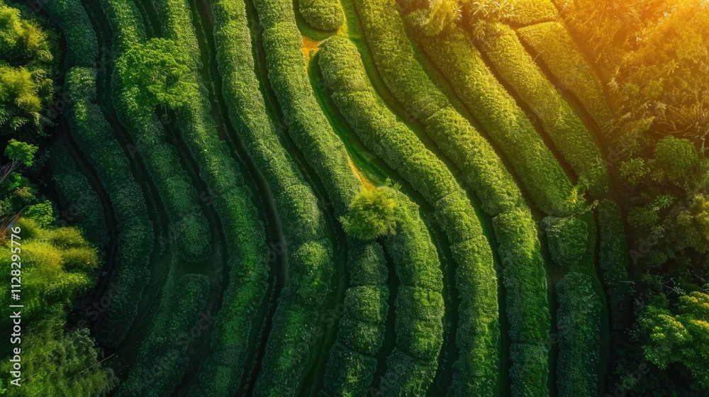 Aerial view of a lush green farm with rows of crops and a vibrant sunrise