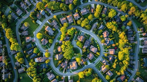Aerial view of a new housing development with rows of modern homes surrounded by green spaces