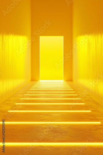 Wallpaper Mural Yellow empty room background, symmetrical lines of light on the ground leading to an open door at the end of the line Torontodigital.ca