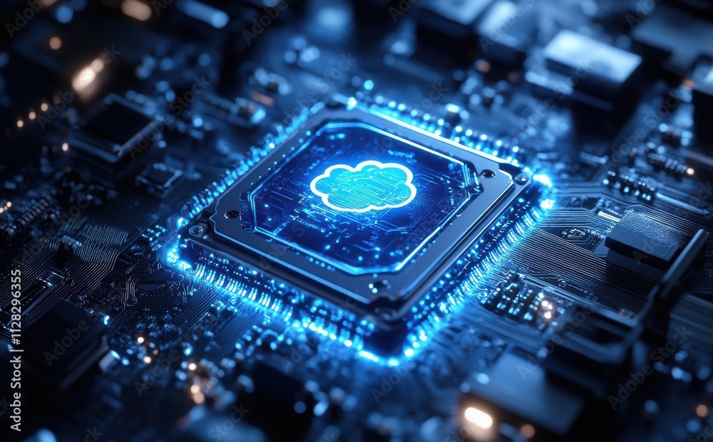 Close-up View of a Modern Computer Circuit Board with a Futuristic Cloud Computing Graphic Illuminating the Central Processing Unit in High Definition Close-up View of a Modern Computer Circuit Board with a Futuristic Cloud Computing Graphic Illuminating the Central Processing Unit in High Definition