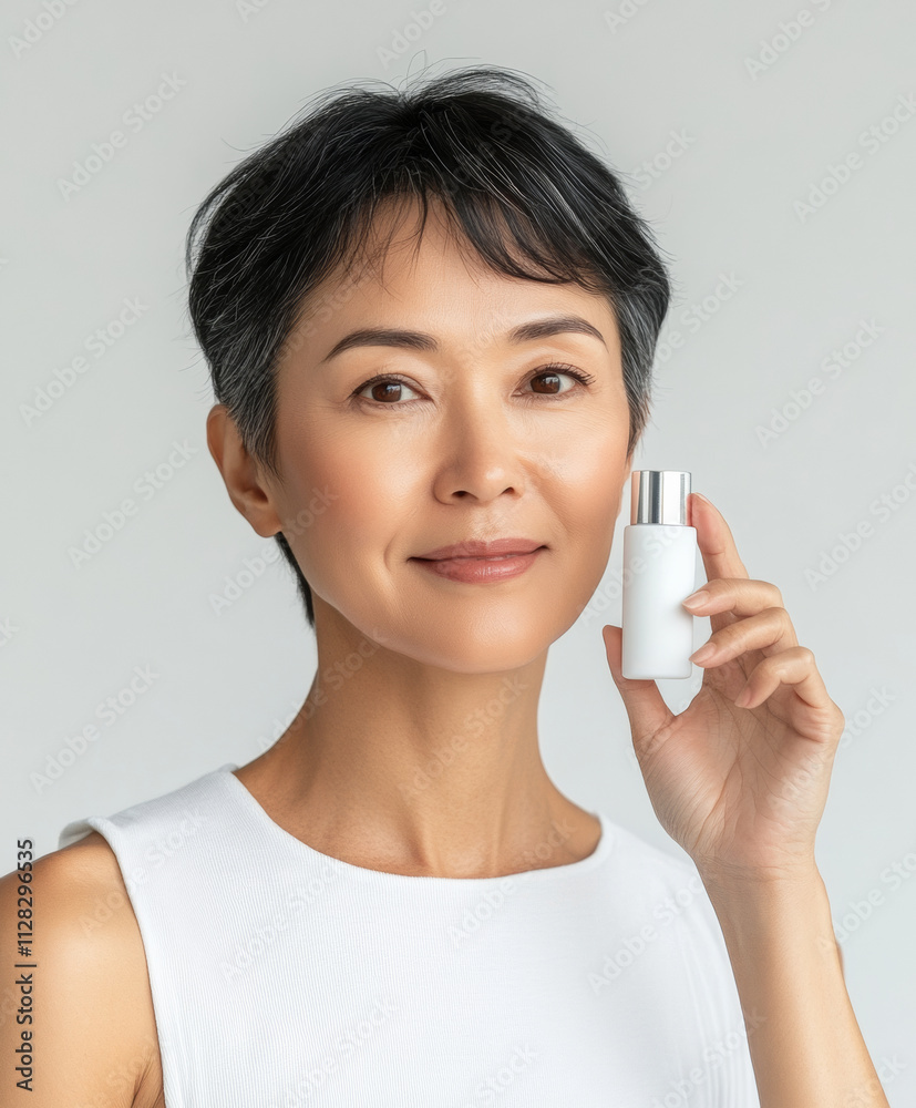 mature Asian woman in her 30s with short hair holds skincare product, smiling gently. She wears white sleeveless top against neutral background, exuding confidence and elegance mature Asian woman in her 30s with short hair holds skincare product, smiling gently. She wears white sleeveless top against neutral background, exuding confidence and elegance