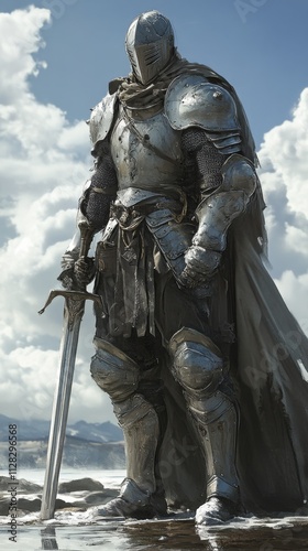 Medieval knight in full armor with a sword in hand photo