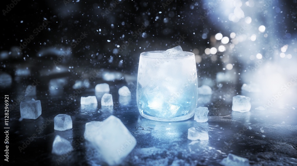 Frosty glass on a reflective surface surrounded by ice cubes, with glowing sparkles creating a refreshing ambiance. Frosty glass on a reflective surface surrounded by ice cubes, with glowing sparkles creating a refreshing ambiance.