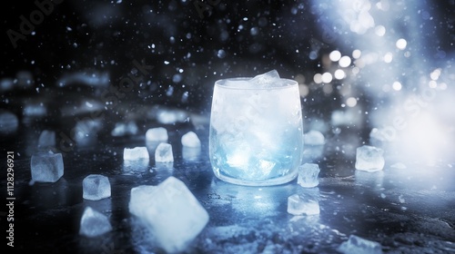 Frosty glass on a reflective surface surrounded by ice cubes, with glowing sparkles creating a refreshing ambiance.