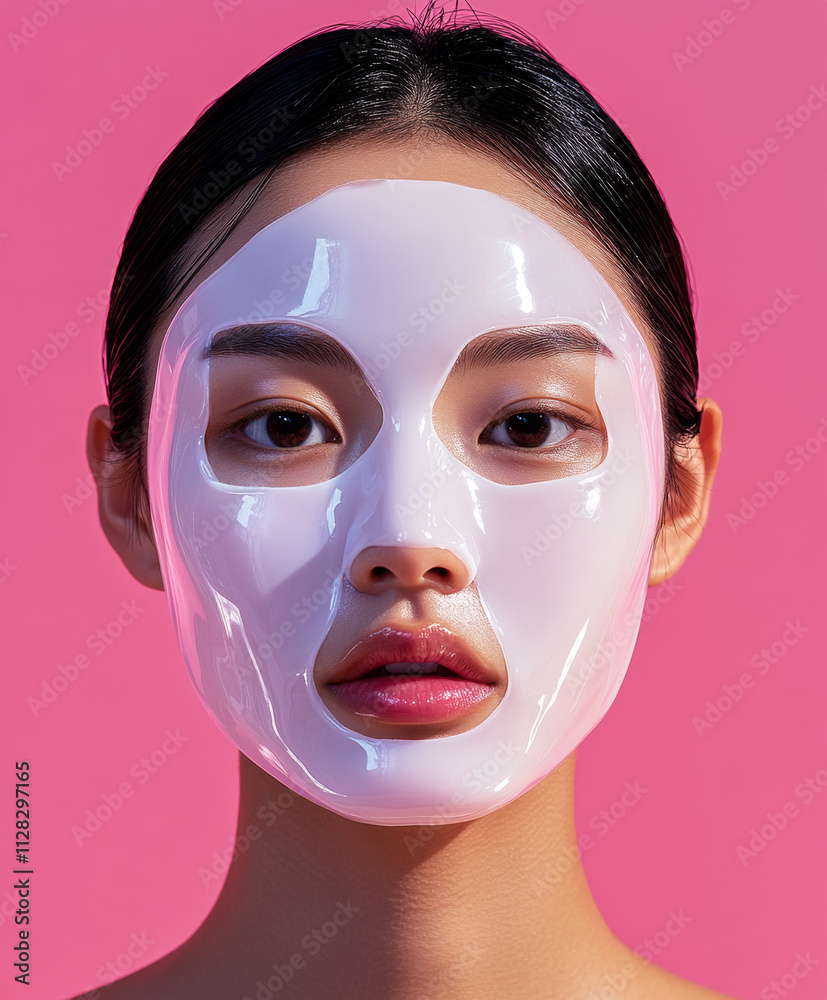 Fototapeta premium woman with glossy white facial mask on her face stands against vibrant pink background, showcasing skincare and beauty routines
