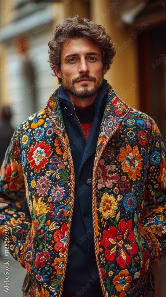 Fototapeta premium Portrait of a man in a colorful patterned jacket outdoors
