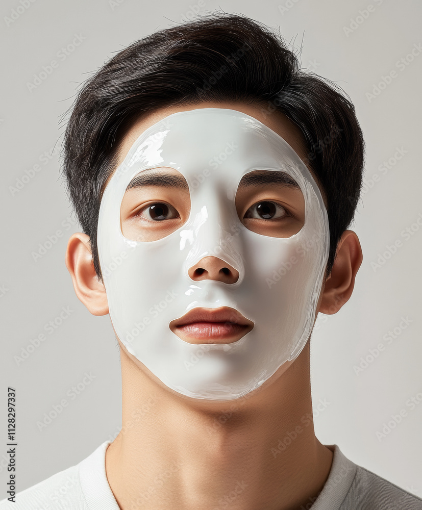 man with white facial mask looks directly at camera, showcasing skincare routine and self care. smooth texture of mask highlights its moisturizing properties