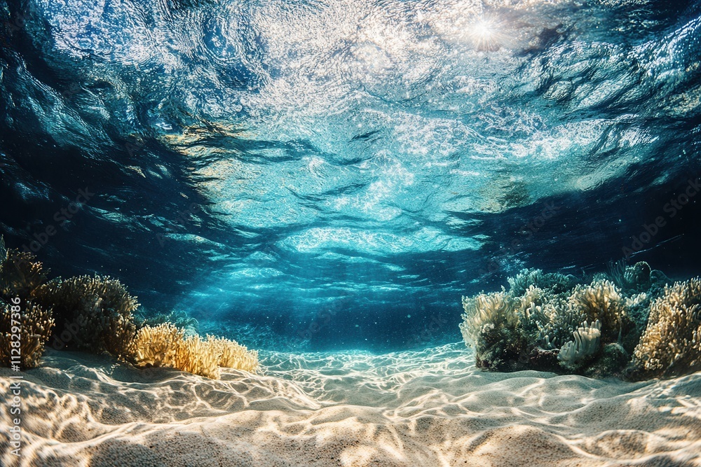 Obraz premium Underwater scene showcasing vibrant coral and sunlight.