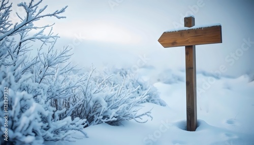 Frosty Winter Trail Marked by Wooden Sign in Snow banner web wallpaper rmockup template