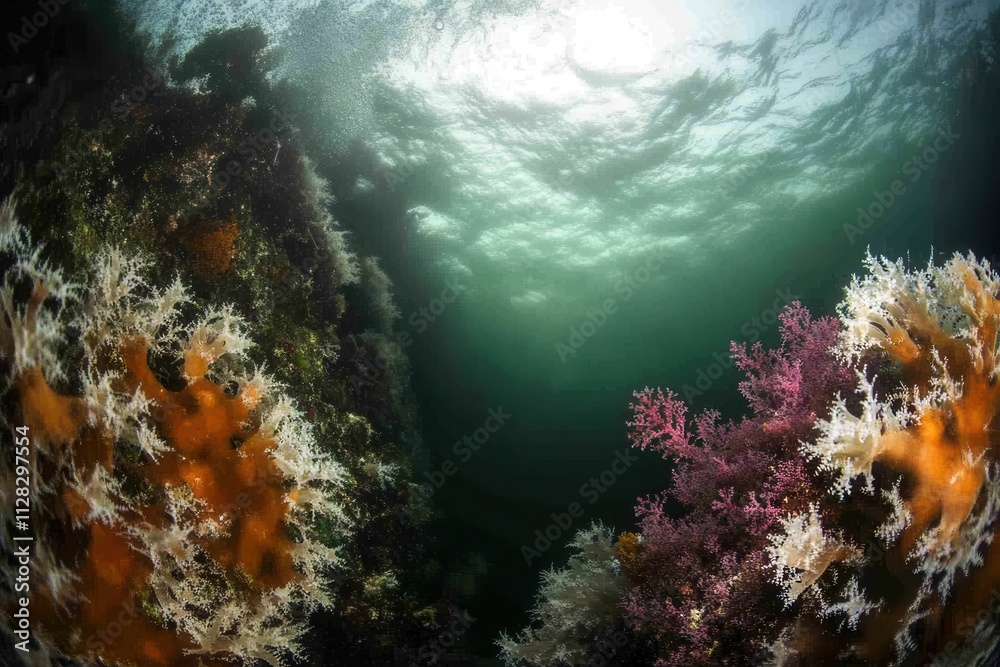 Fototapeta premium Underwater scene showcasing vibrant coral reefs.
