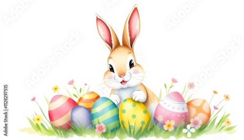 easter bunny with colorful Easter eggs. The watercolor illustration captures the essence of spring, celebrating happiness Easter photo