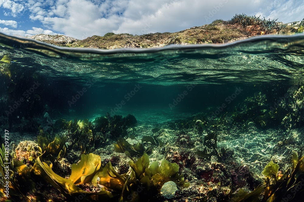 Underwater scene showcasing vibrant marine life and plants.