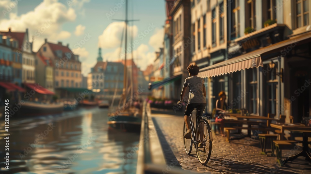 Fototapeta premium A young person riding a bicycle on a boardwalk along a bustling waterfront with boats and cafes, The cyclist occupies between one-third and one-half of the frame