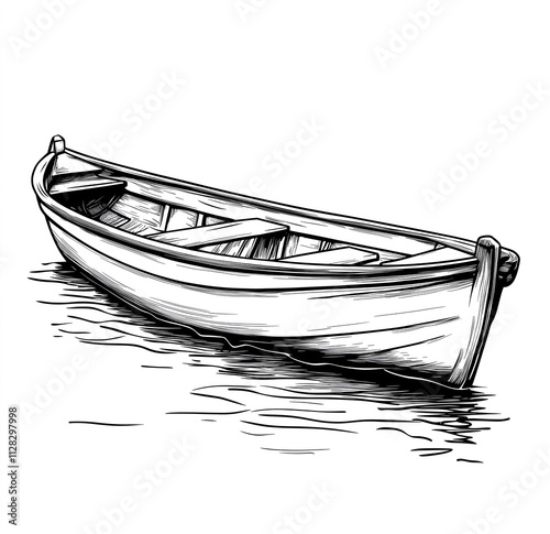 old wooden boat, Black and white vector drawing of a wooden rowboat on water