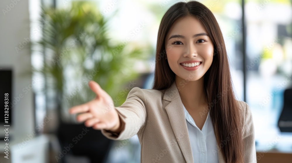 Happy young Asian saleswoman looking at camera welcoming client. Smiling woman executive manager, secretary offering professional business services holding digital tablet standing in office. Happy young Asian saleswoman looking at camera welcoming client. Smiling woman executive manager, secretary offering professional business services holding digital tablet standing in office.