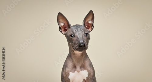 Portrait of a peruvian hairless dog with distinctive features and upright ears on neutral background photo