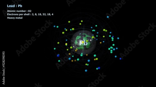 Atom of Lead with 82 Electrons in infinite orbital rotation with a black background