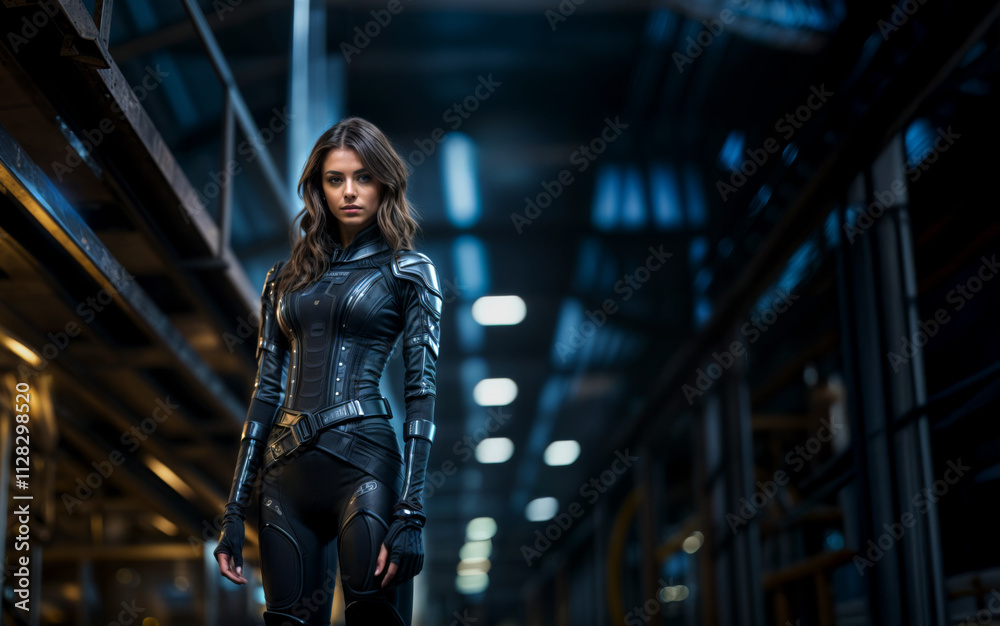 Cyberpunk Young Woman with long brown hair and a futuristic attractive armored black body suit on a blurry dark warehouse background Cyberpunk Young Woman with long brown hair and a futuristic attractive armored black body suit on a blurry dark warehouse background