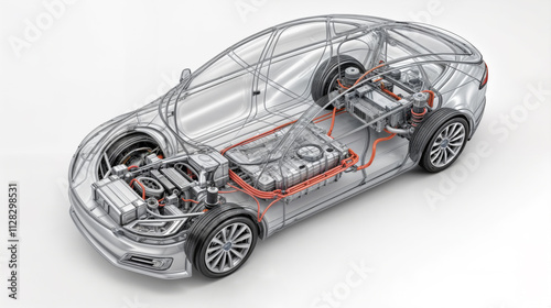 Electric sport Car concept without brand mainly transparent to see battery wires suspensions and all the technical system on a white background