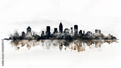 Highly stylized Skyline of a modern big city with buildings and skyscrappers in water color style and a water reflection in sepia colors on a white background