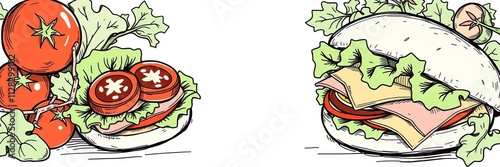 Hand drawn sketch style vector illustration of a long chiabatta sandwich with ham, cheese, tomatoes, and lettuce for menu and packaging design, tomatoes, hand drawn photo