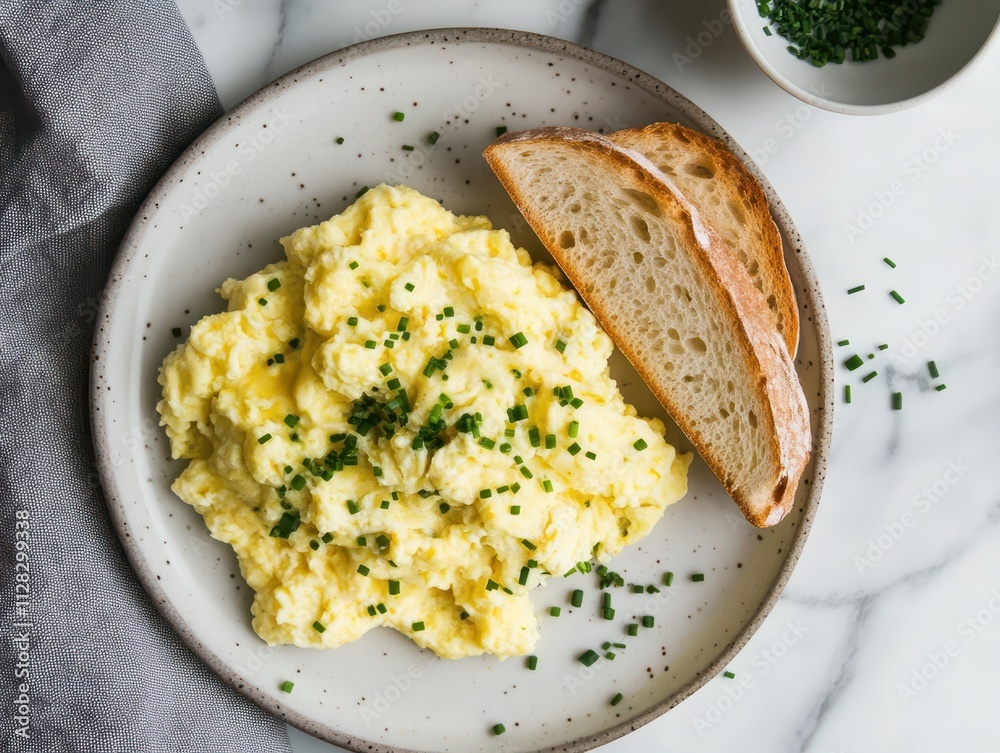 A plate of creamy scrambled eggs garnished with chives and served with a slice of bread. A plate of creamy scrambled eggs garnished with chives and served with a slice of bread.