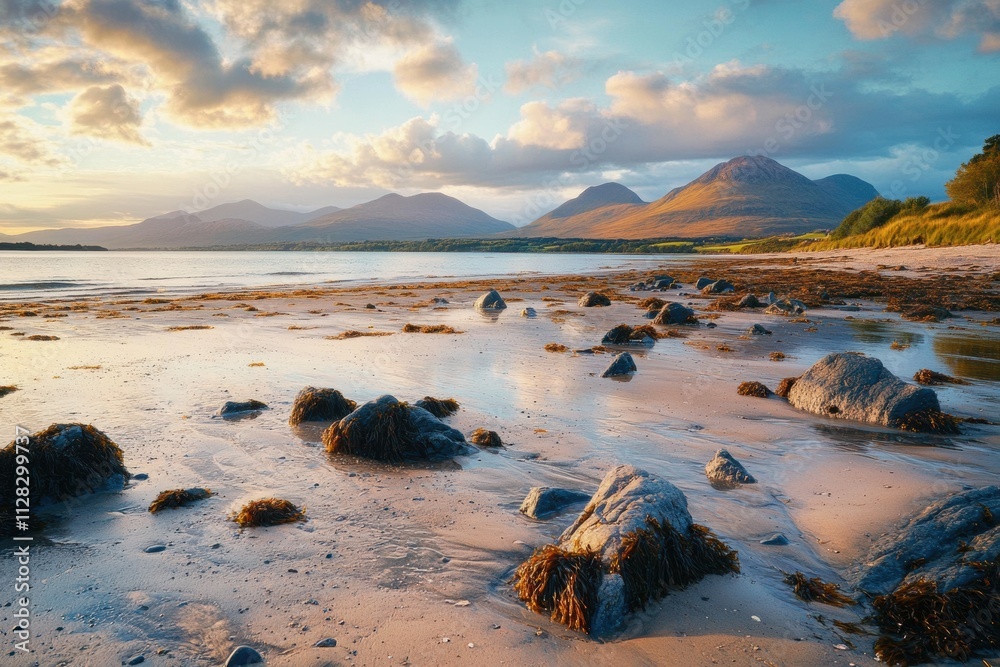 Fototapeta premium A rocky beach with a mountain in the background