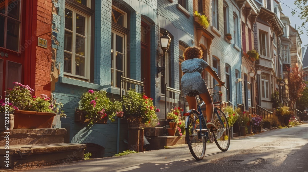 Fototapeta premium A young person riding a bicycle on a city street lined with colorful townhouses and flower boxes, The cyclist occupies one-third to one-half of the frame