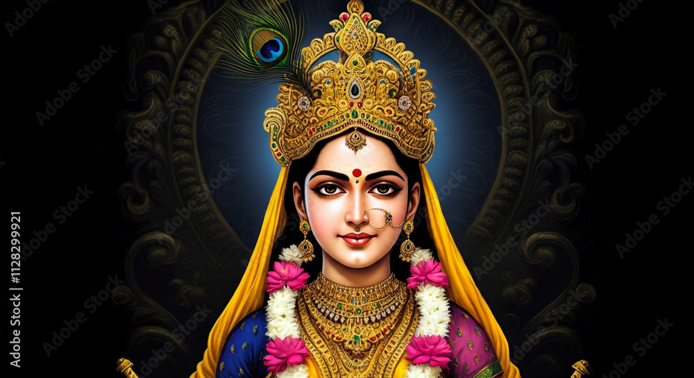 Obraz premium A close-up of Goddess Radha, beautifully adorned with a peacock feather crown, radiating divine charm and spiritual elegance