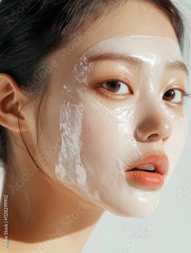woman with glowing skin wears white full face mask sheet, enhancing her complexion. mask appears hydrating and rejuvenating, highlighting skincare routines