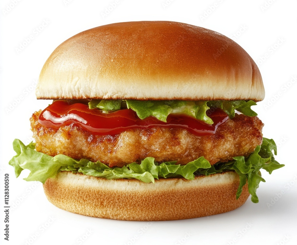 Delicious crispy chicken sandwich with fresh lettuce and ketchup served on a fluffy toasted bun, perfect for meal inspiration and food photography projects