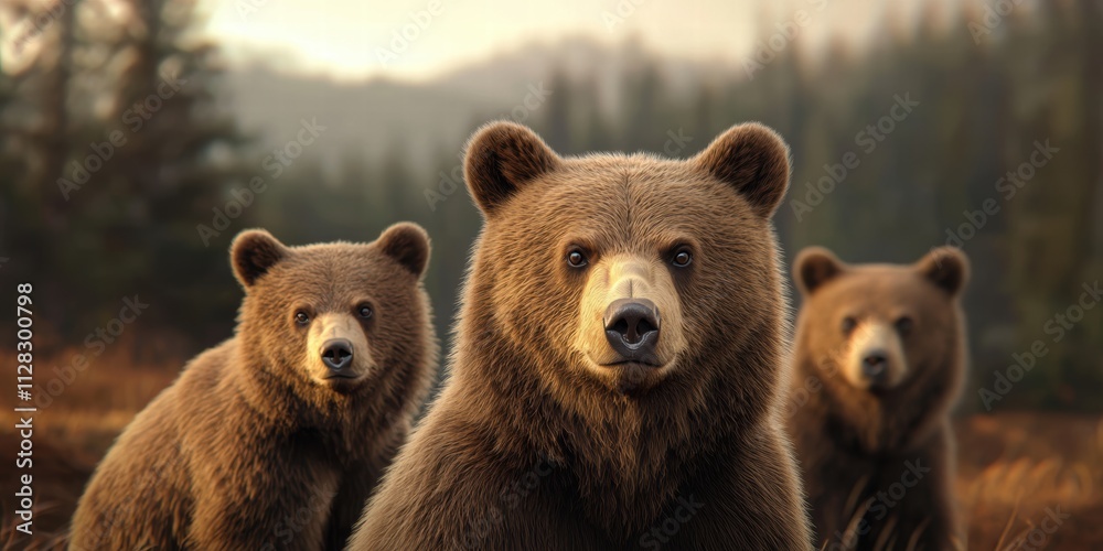 wildlife rescue recovery concept. Three grizzly bears stand together in a forested landscape, showcasing their powerful presence and natural beauty. wildlife rescue recovery concept. Three grizzly bears stand together in a forested landscape, showcasing their powerful presence and natural beauty.