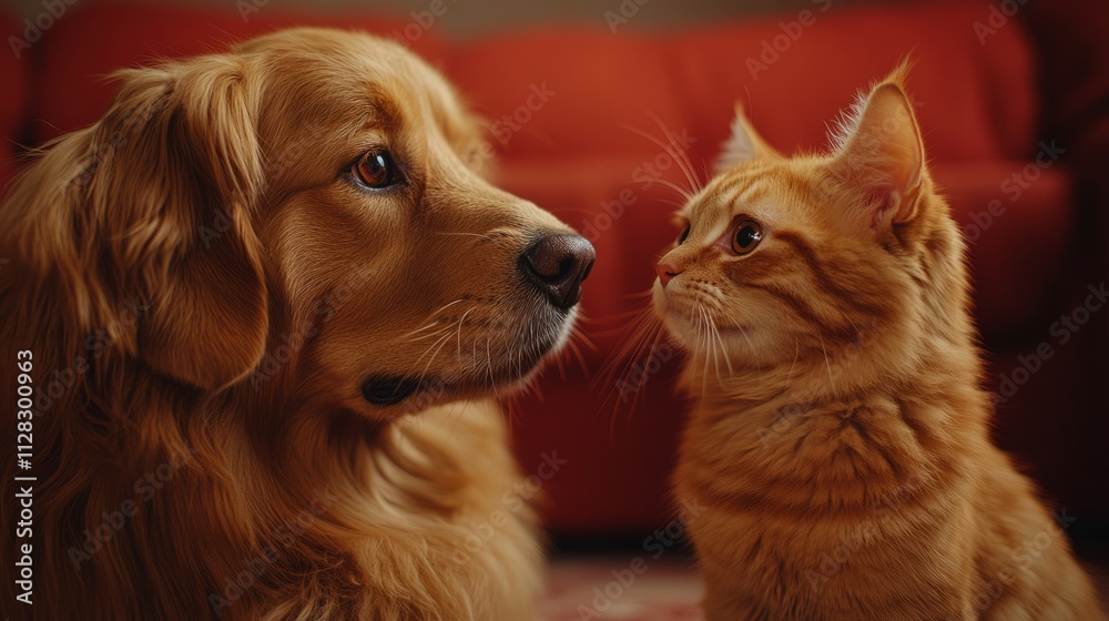 Dog barks at cat.   Dog looks at cat and barks.   Red background
