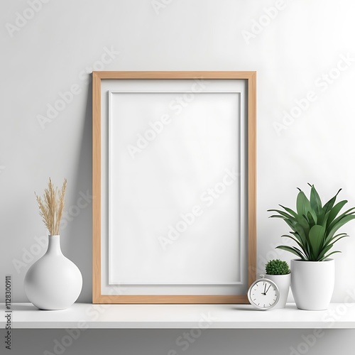 Blank Picture Frame Mockup on Wall in Modern Interior, Artwork Template Mockup in Interior Design, Wooden Picture Frame Mockup on White Wall Minimalist – Pro Photo