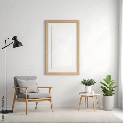 Blank Picture Frame Mockup on Wall in Modern Interior, Artwork Template Mockup in Interior Design, Wooden Picture Frame Mockup on White Wall Minimalist – Pro Photo