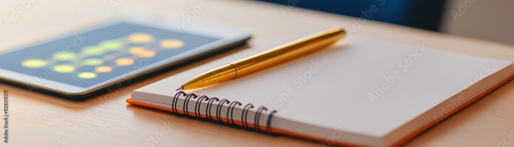 Fototapeta premium Team Collaboration for Effective Planning and Optimization ,A pen rests on a blank notebook beside a digital tablet, symbolizing creativity and planning.