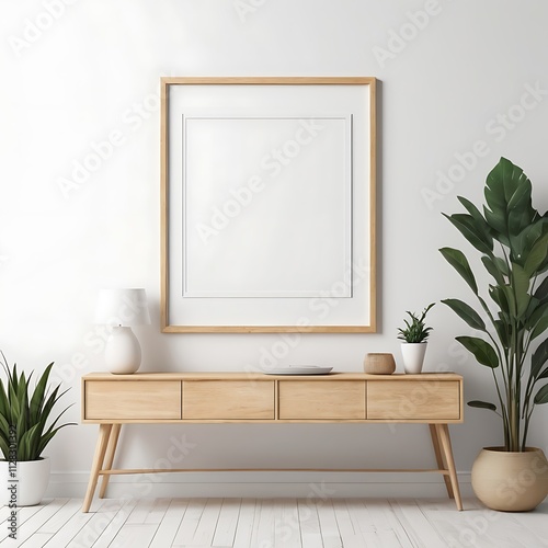 Blank Picture Frame Mockup on Wall in Modern Interior, Artwork Template Mockup in Interior Design, Wooden Picture Frame Mockup on White Wall Minimalist – Pro Photo