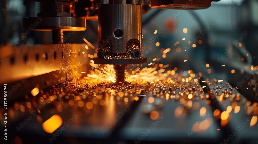 Closeup shot of an industrial machine in a smallscale production facility with sparks flying as it experiments with a new product. Closeup shot of an industrial machine in a smallscale production facility with sparks flying as it experiments with a new product.
