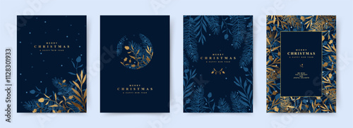 Merry Christmas and Happy New Year greeting Card Set. Winter Luxary Background with a pattern of golden pine branches and berries. Vector templates for advertising, party invitation card, business