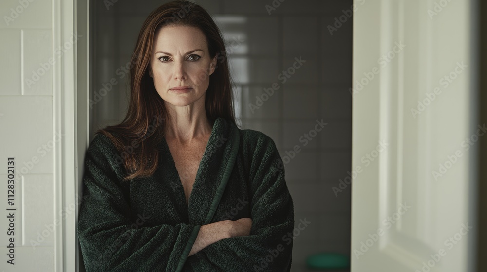 A determined woman stands confidently in a dark green robe, arms crossed, exuding strength and resilience in a home setting. A determined woman stands confidently in a dark green robe, arms crossed, exuding strength and resilience in a home setting.
