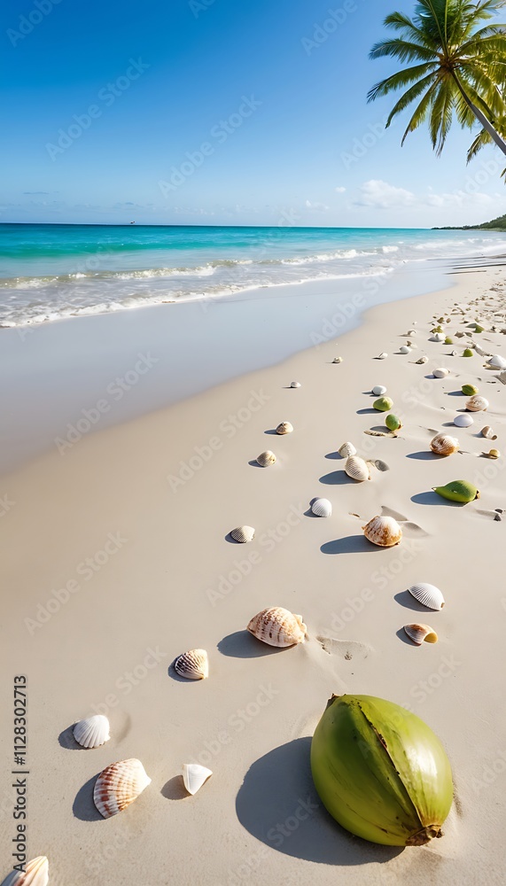 Obraz premium Tropical Beach Scene with Shells and Coconuts. Generative AI