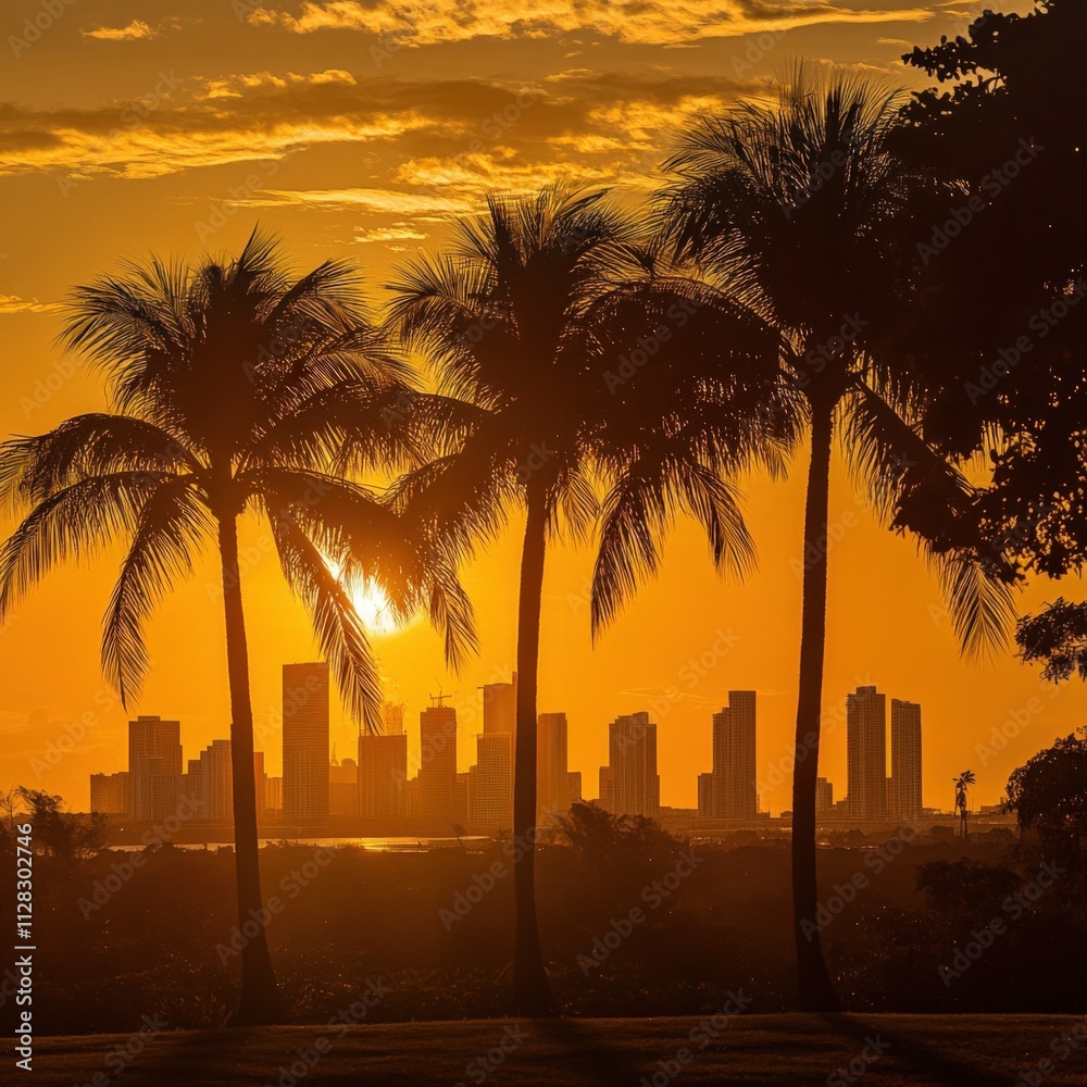 Obraz premium silhouette of palm trees against a vibrant sunset skyline