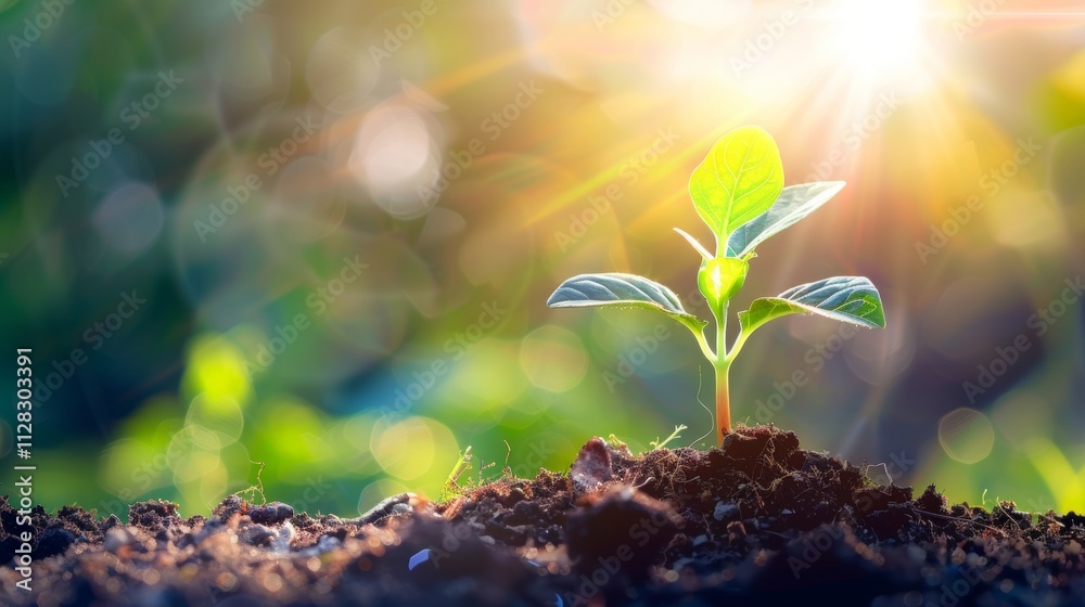 New Life Emerging: A Tiny Seedling Growing Towards the Sunlight in a Lush Green Environment New Life Emerging: A Tiny Seedling Growing Towards the Sunlight in a Lush Green Environment