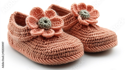 Adorable handknitted baby shoes crochet flower decoration made from soft yarn isolated on a white background photo