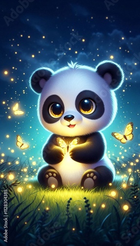 Cute panda cub holding glowing firefly in magical night field photo