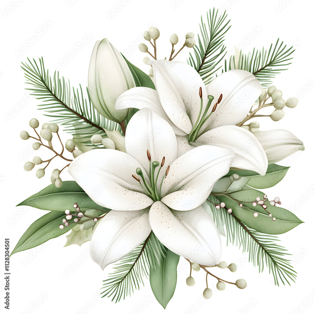 winter floral arrangement with white lilies, evergreen branches, and berries winter floral arrangement with white lilies, evergreen branches, and berries