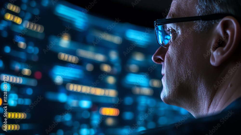 Focused professional analyzing data on a high-tech digital screen at night. Focused professional analyzing data on a high-tech digital screen at night.