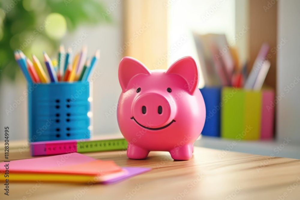 colorful piggy bank on a desk with stationery colorful piggy bank on a desk with stationery