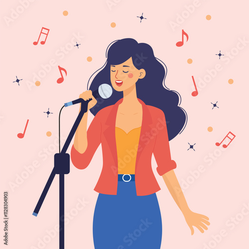 Young woman singing in front of microphone flat design