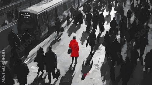 A grayscale busy train station, where one traveler in the crowd wears a vivid red scarf, making them stand out in the chaos